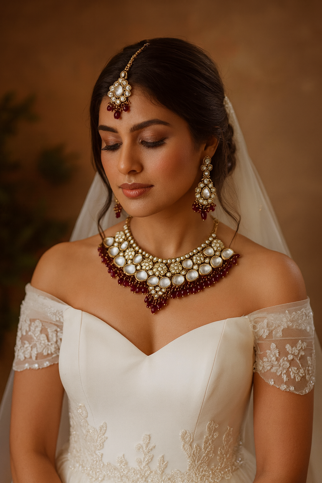 Maroon Color Handcrafted Antique Finish Back Side Meena Work Kundan Necklace Set For Brides