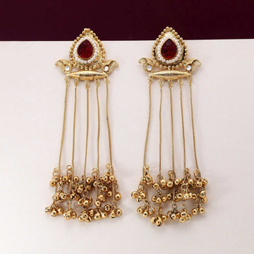 Maroon Color Elegant Traditional Long Kashmiri Earrings For Festive And Party Wear