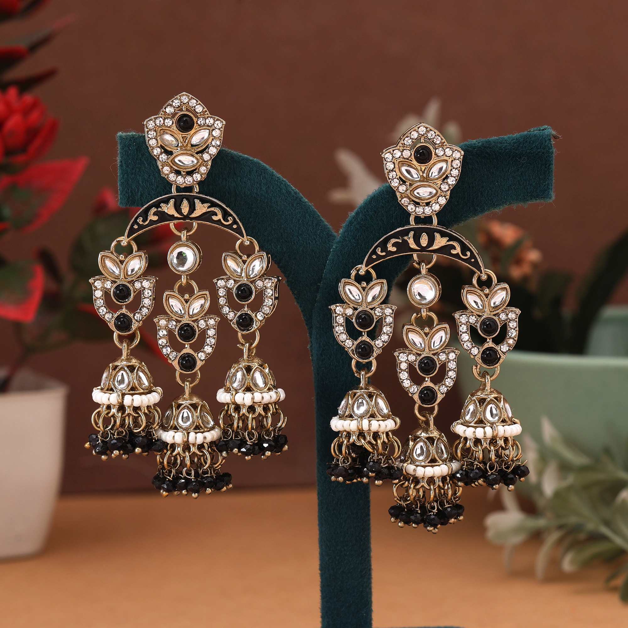Black Color Kundan Earrings Designed With Unique Dark-Toned Kundan Stones For Stylish Outfits