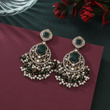 Graceful Green Color Kundan Earrings Perfect For Wedding And Festive Style