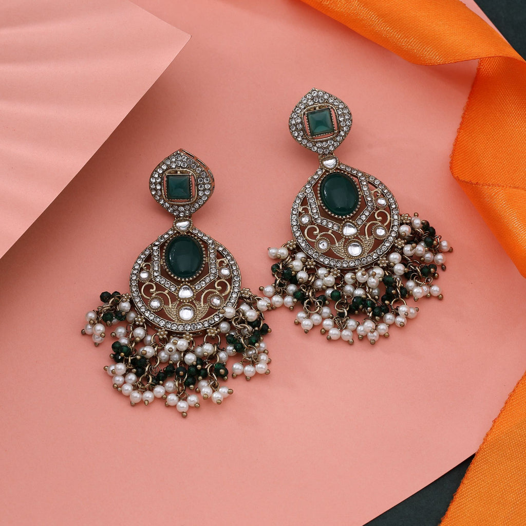 Meher Emerald Kundan Earrings with Pearl Fringe