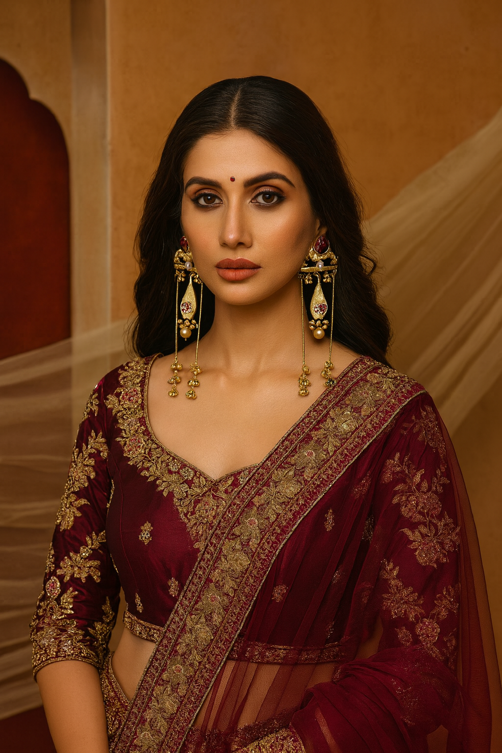 Maroon Color Classic Ethnic Design Long Kashmiri Earrings For Party And Event Wear