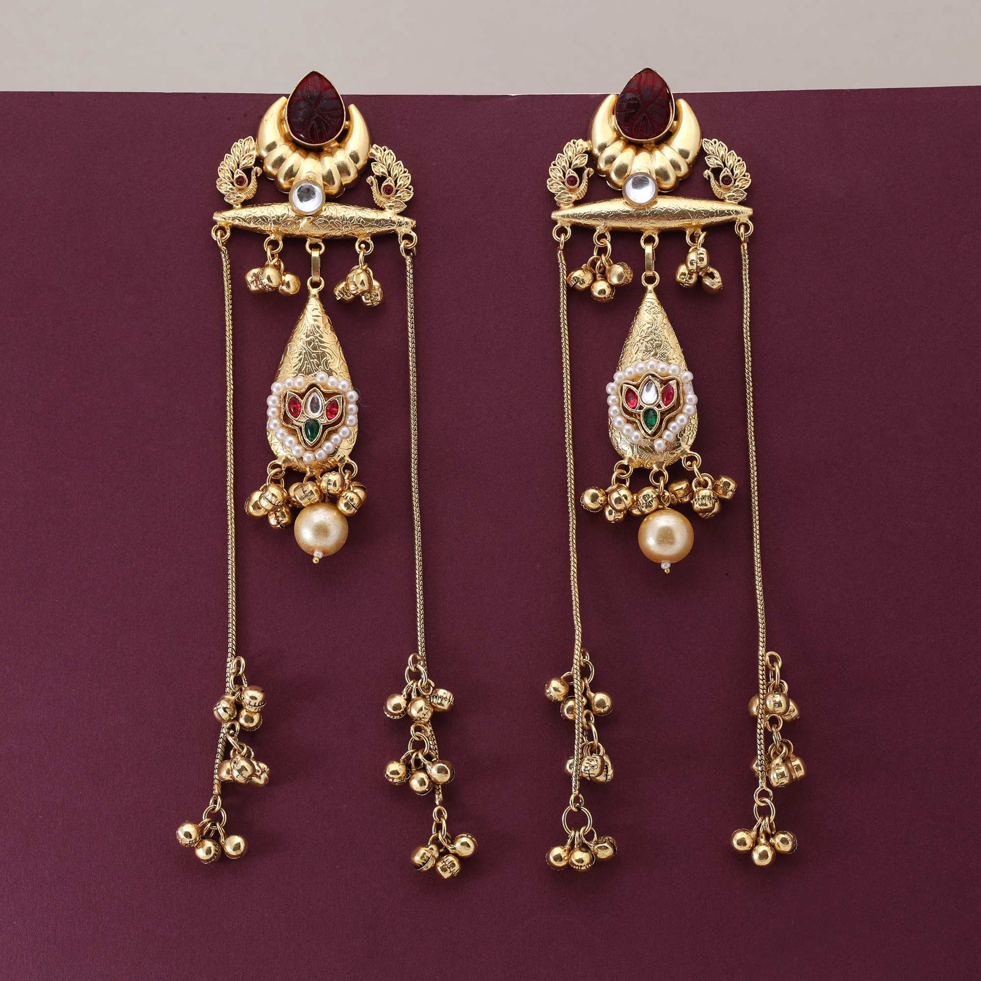 Maroon Color Classic Ethnic Design Long Kashmiri Earrings For Party And Event Wear