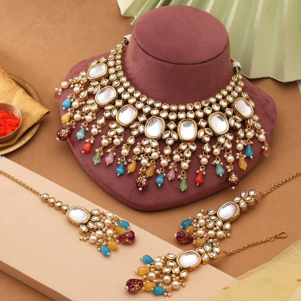 Multicolour Kundan Choker Necklace Set with Earrings & Maang Tikka – Bridal Wedding Jewellery