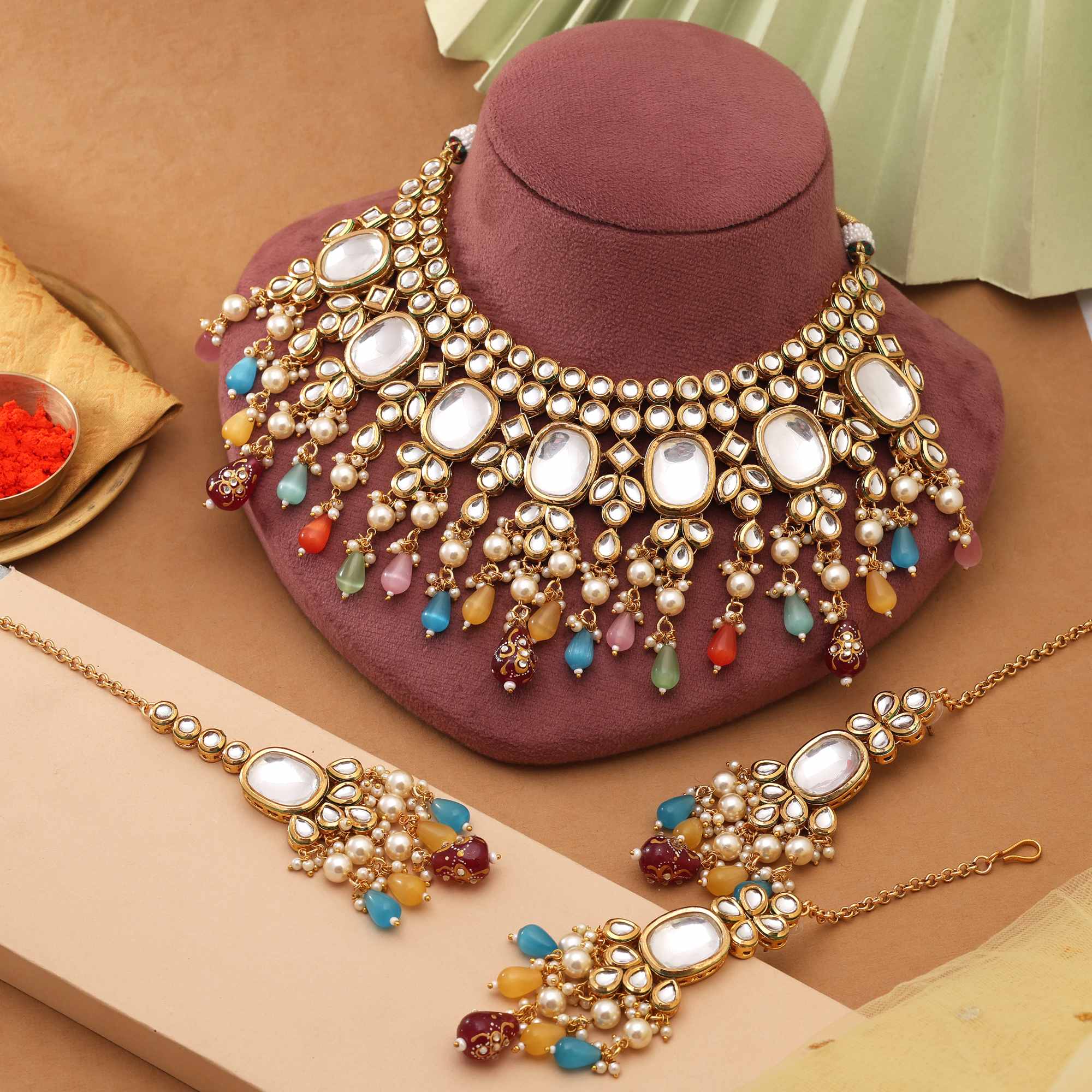 Multi Color Stylish Heavy Design Back Side Meena Work Kundan Necklace Set For Womenâ€™S Fashion