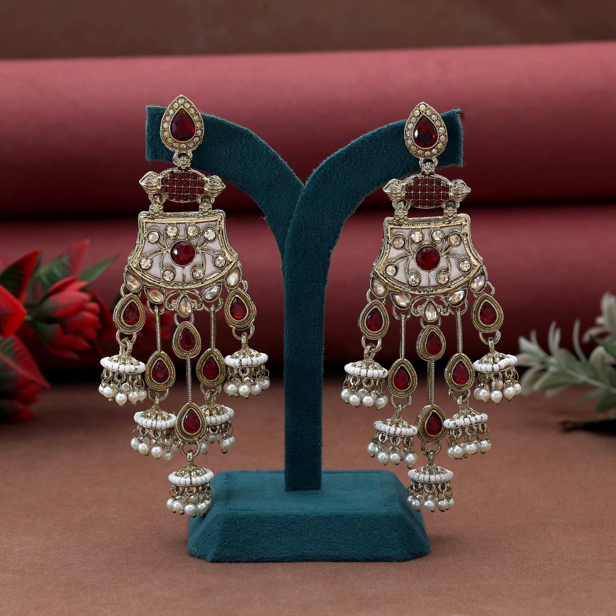 Maroon Color Kundan Earrings Crafted With Intricate Bridal Style Traditional Kundan Design
