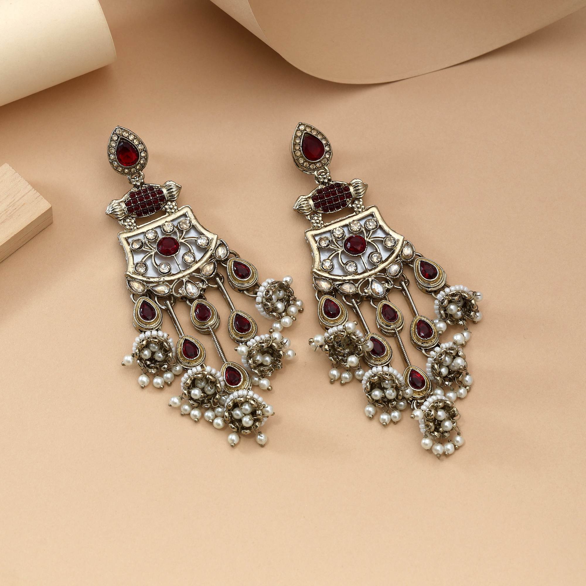Maroon Color Kundan Earrings Crafted With Intricate Bridal Style Traditional Kundan Design