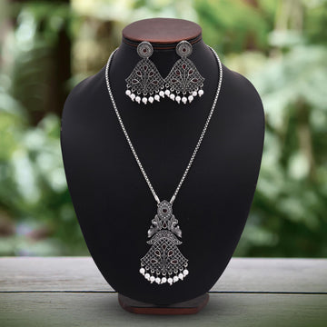 Classic Maroon Color Oxidised Necklace Set With Detailed Antique Craft Finish
