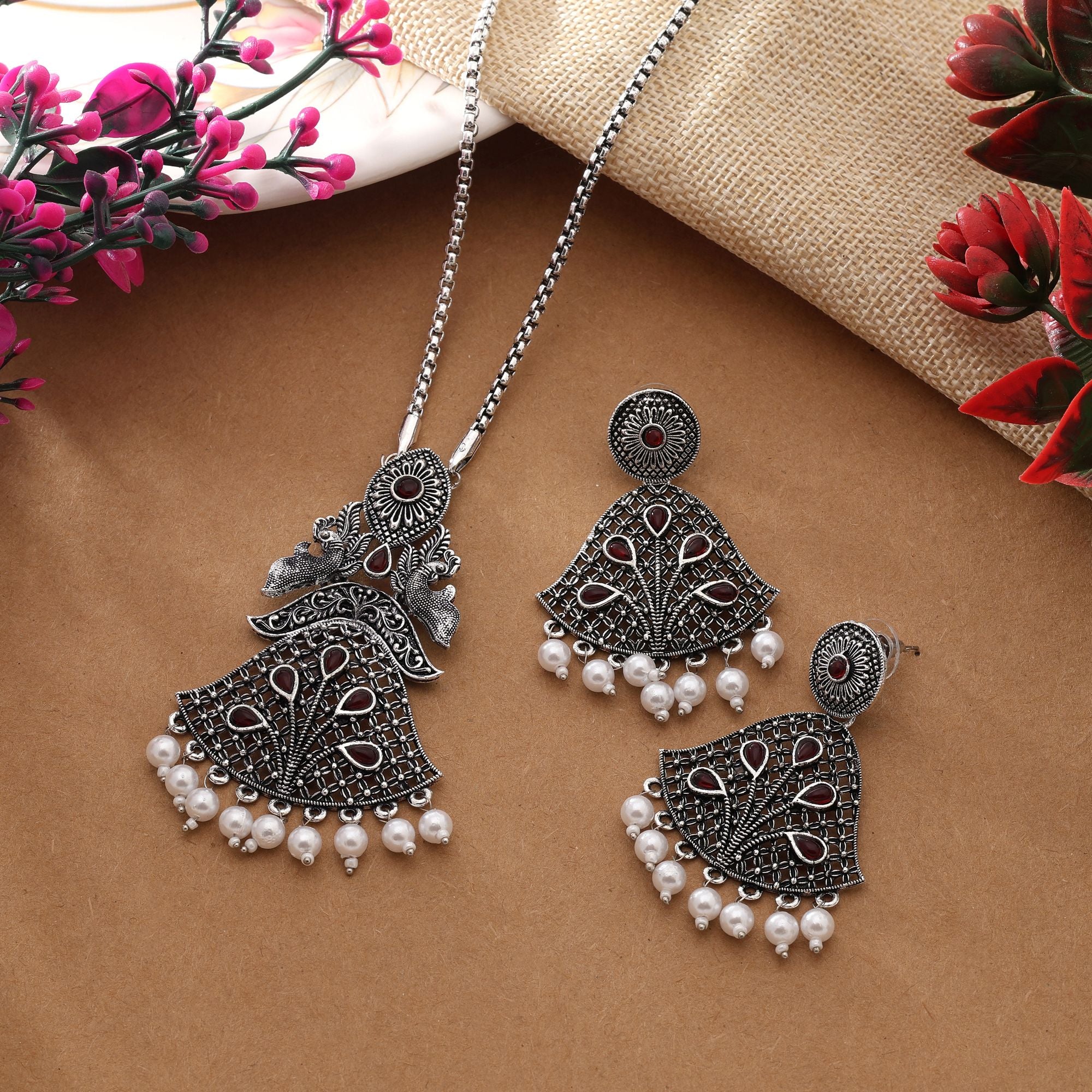 Classic Maroon Color Oxidised Necklace Set With Detailed Antique Craft Finish