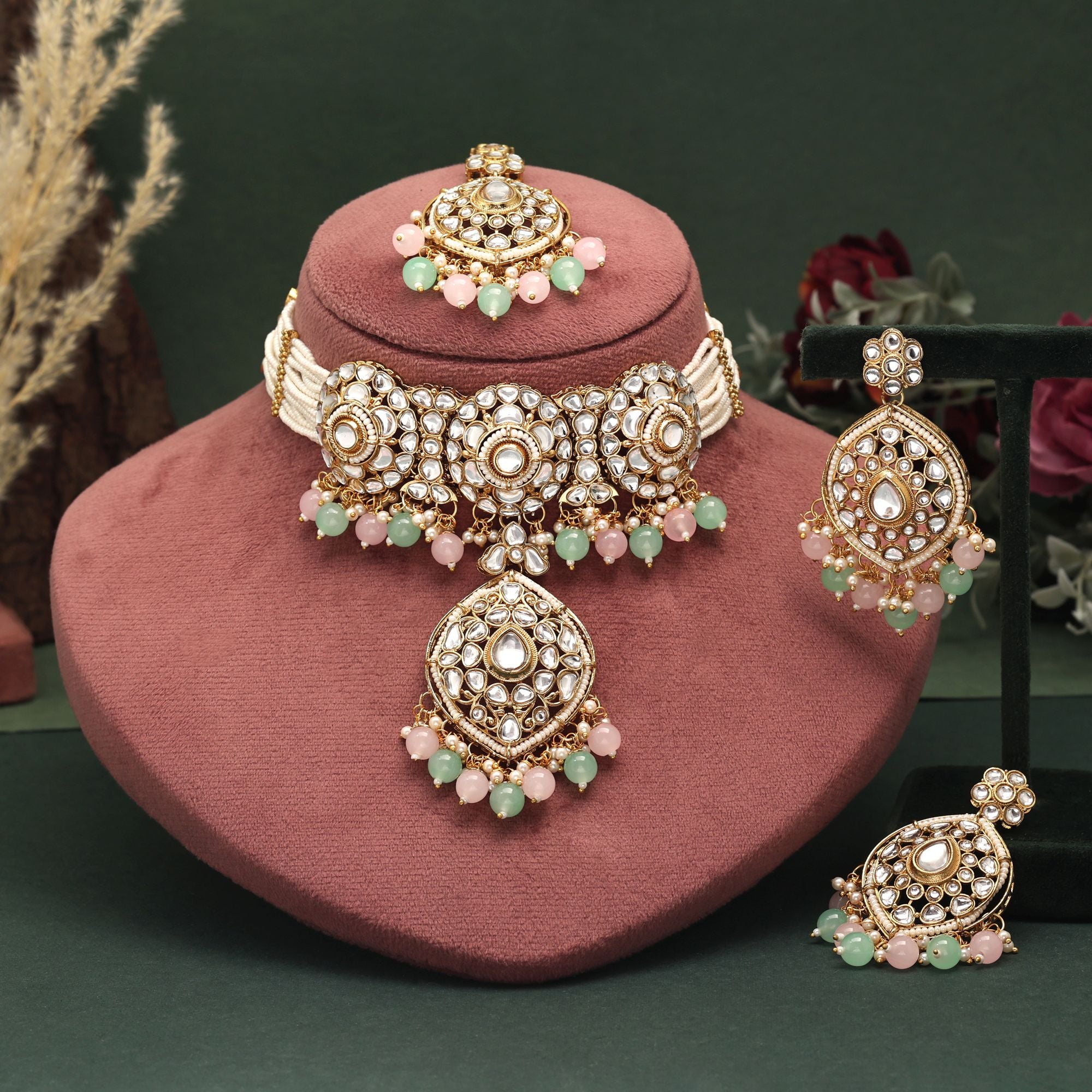 Attractive Pista Green And Pink Color Choker Kundan Necklace Set Designed For Brides And Engagements