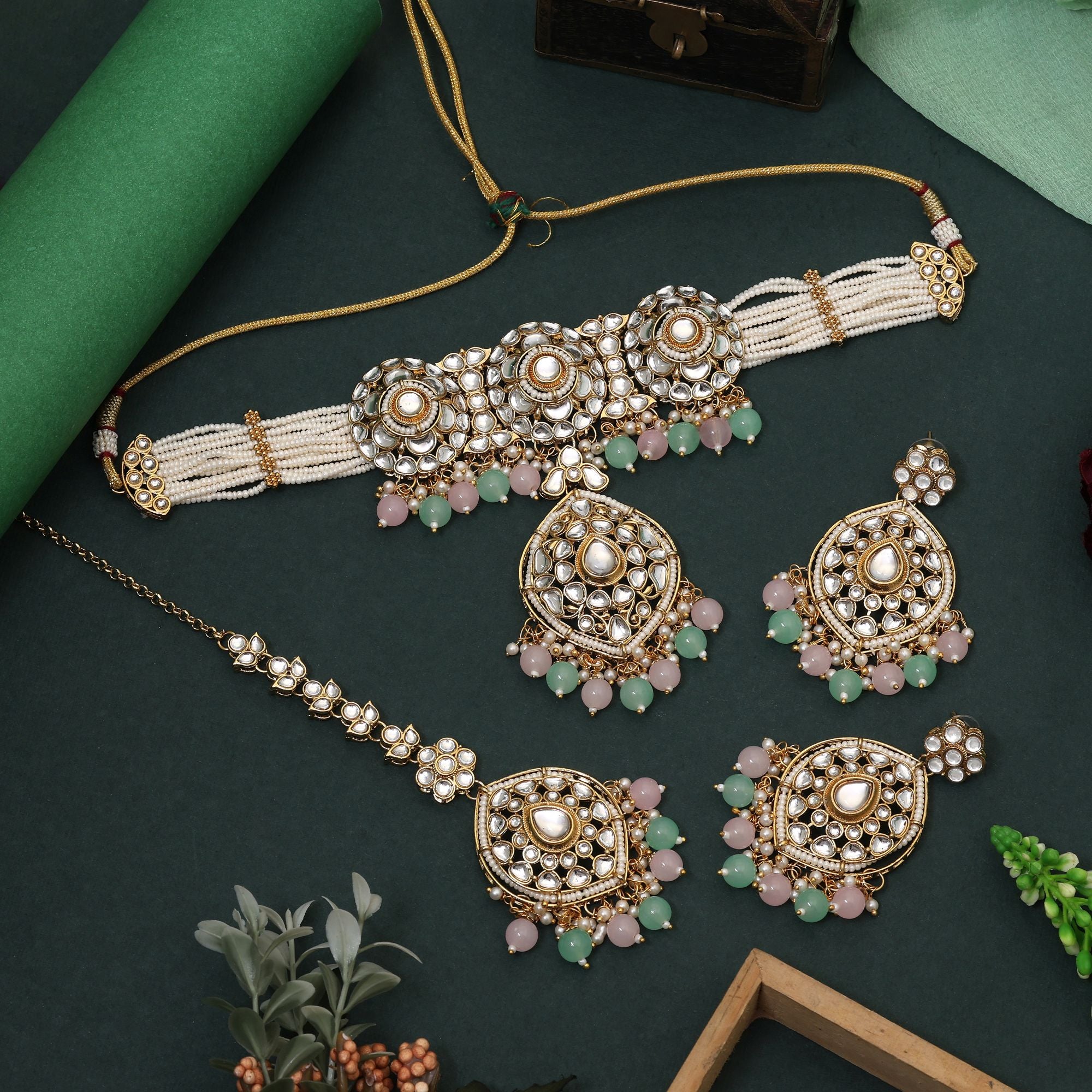 Attractive Pista Green And Pink Color Choker Kundan Necklace Set Designed For Brides And Engagements