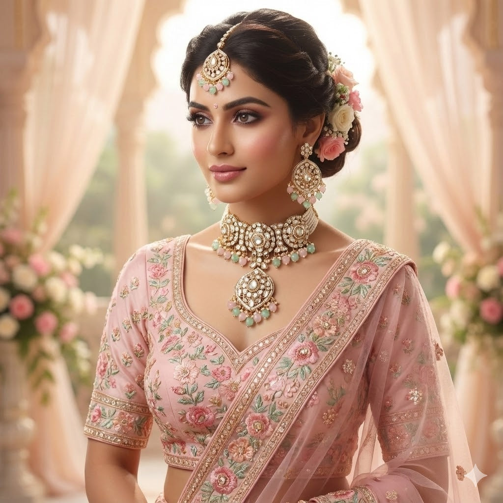 Pastel Pink Kundan Choker Set with Earrings & Maang Tikka