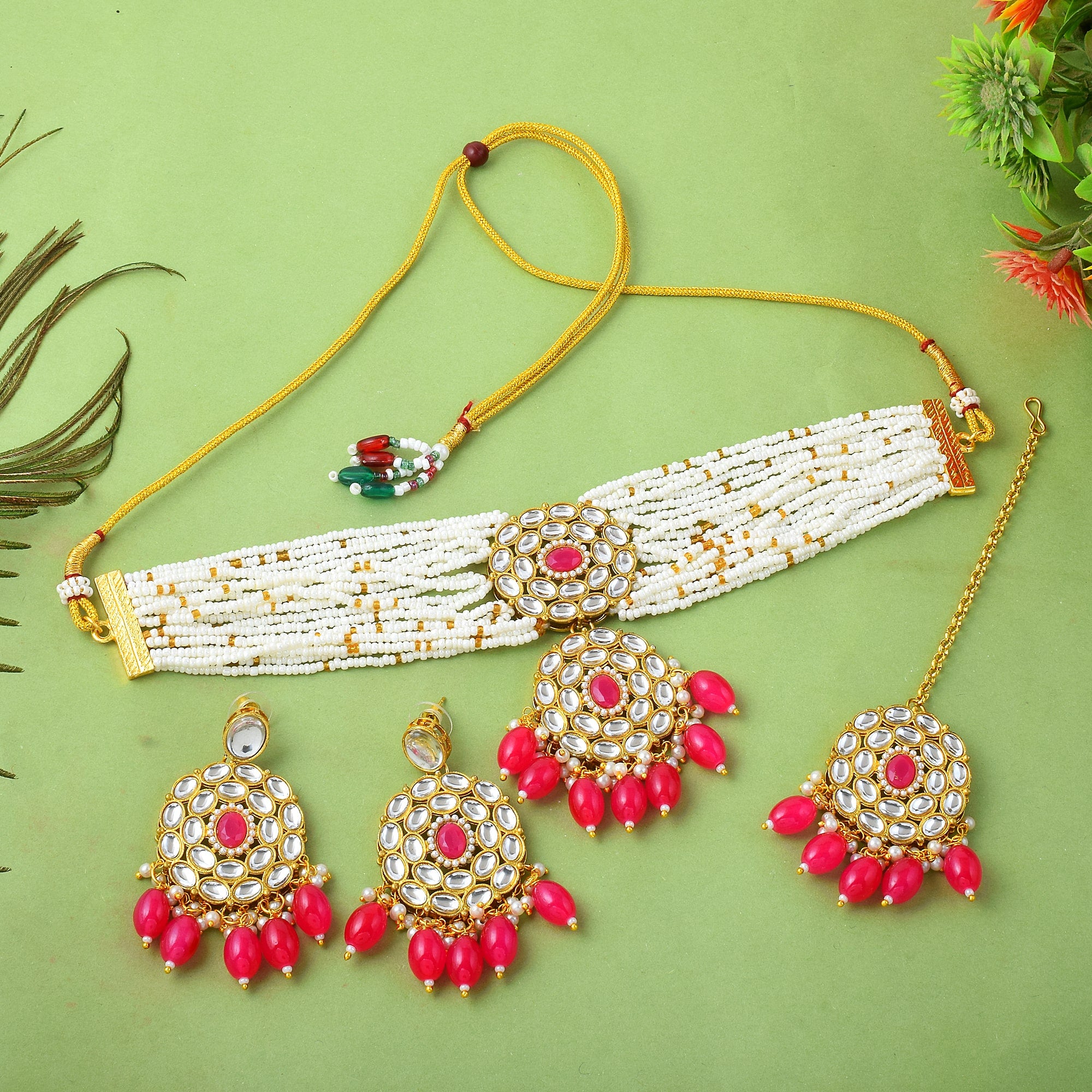 Traditional Rani Color Choker Kundan Necklace Set For Festive Vibes
