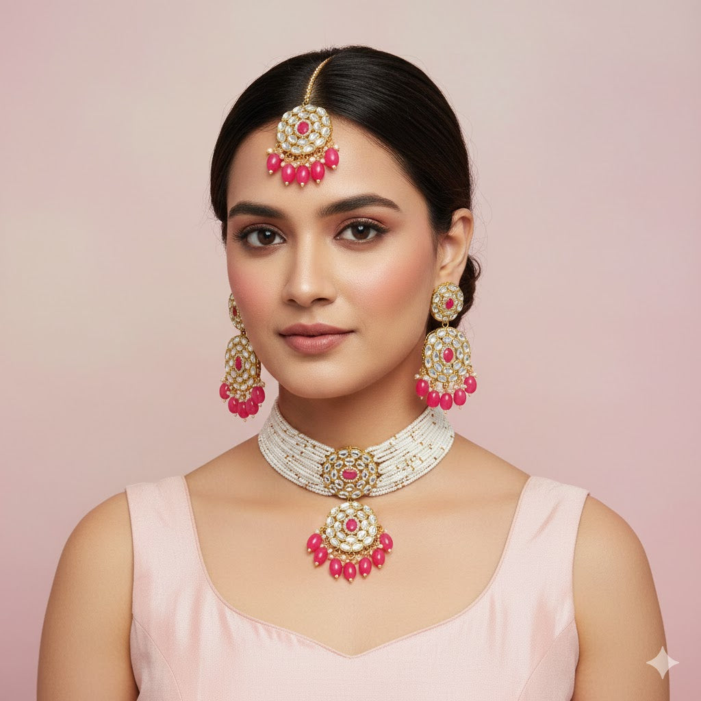 Traditional Rani Color Choker Kundan Necklace Set For Festive Vibes