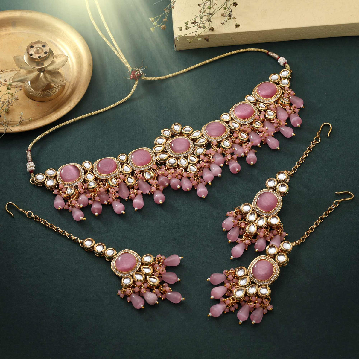 Pink Kundan Choker Necklace Set with Earrings & Maang Tikka