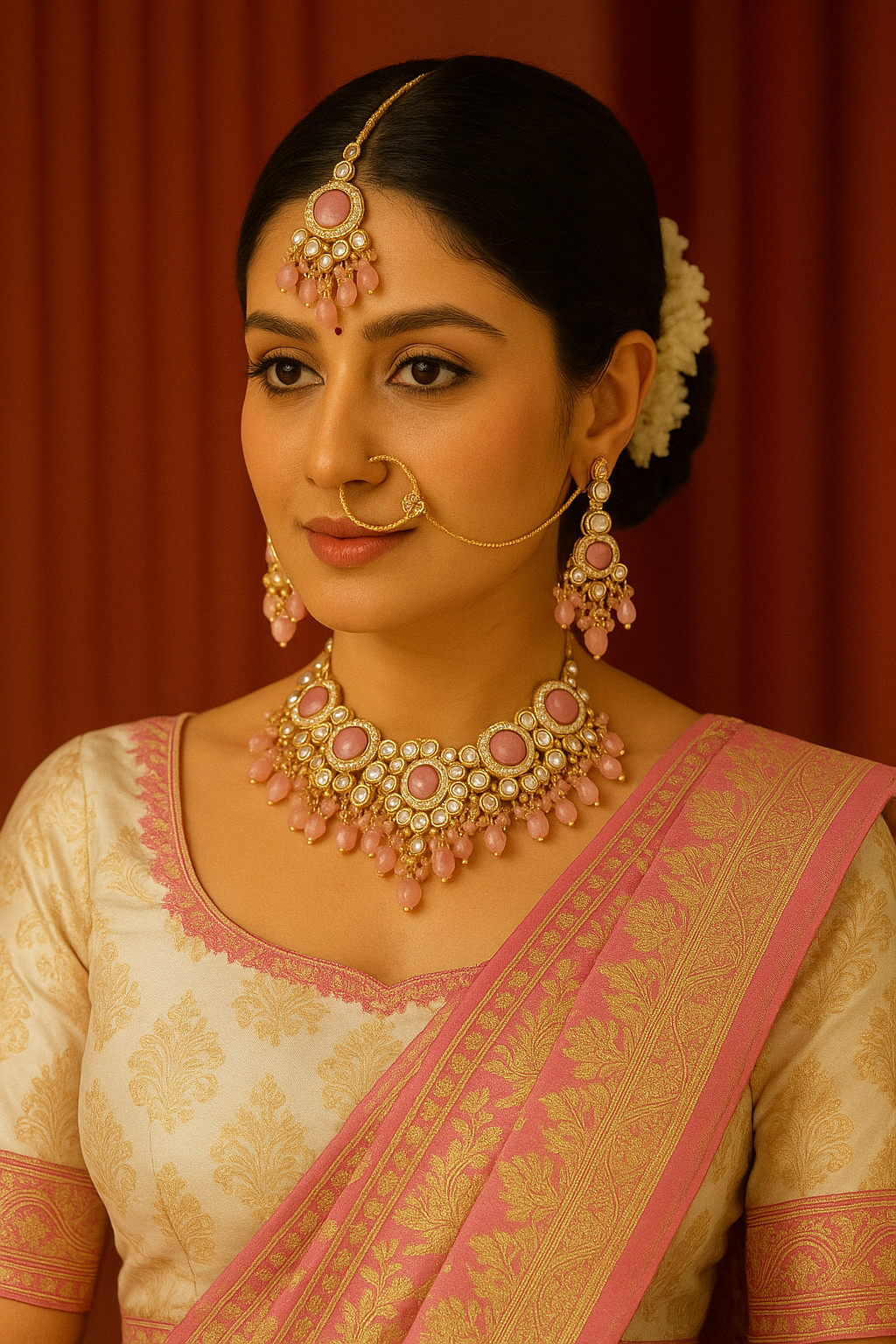 Pink Color Choker Style Bridal Back Side Meena Work Kundan Necklace Set For Elegant Look