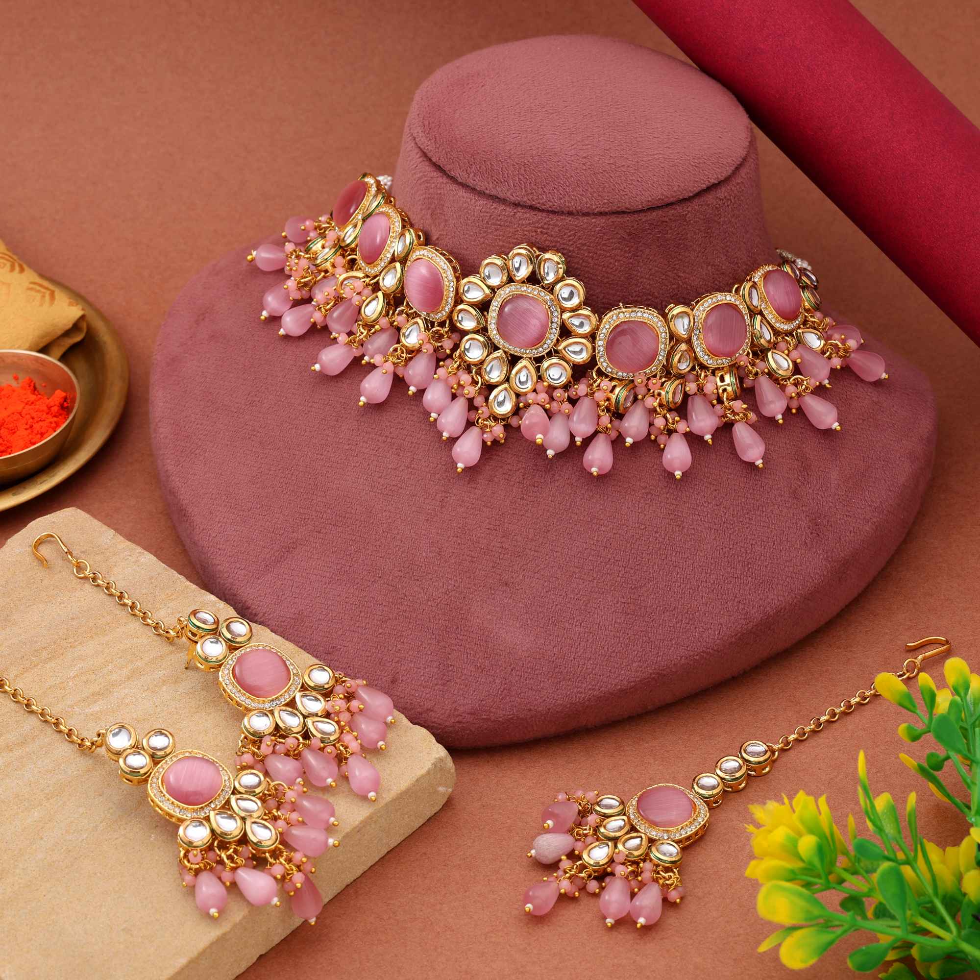 Pink Color Choker Style Bridal Back Side Meena Work Kundan Necklace Set For Elegant Look