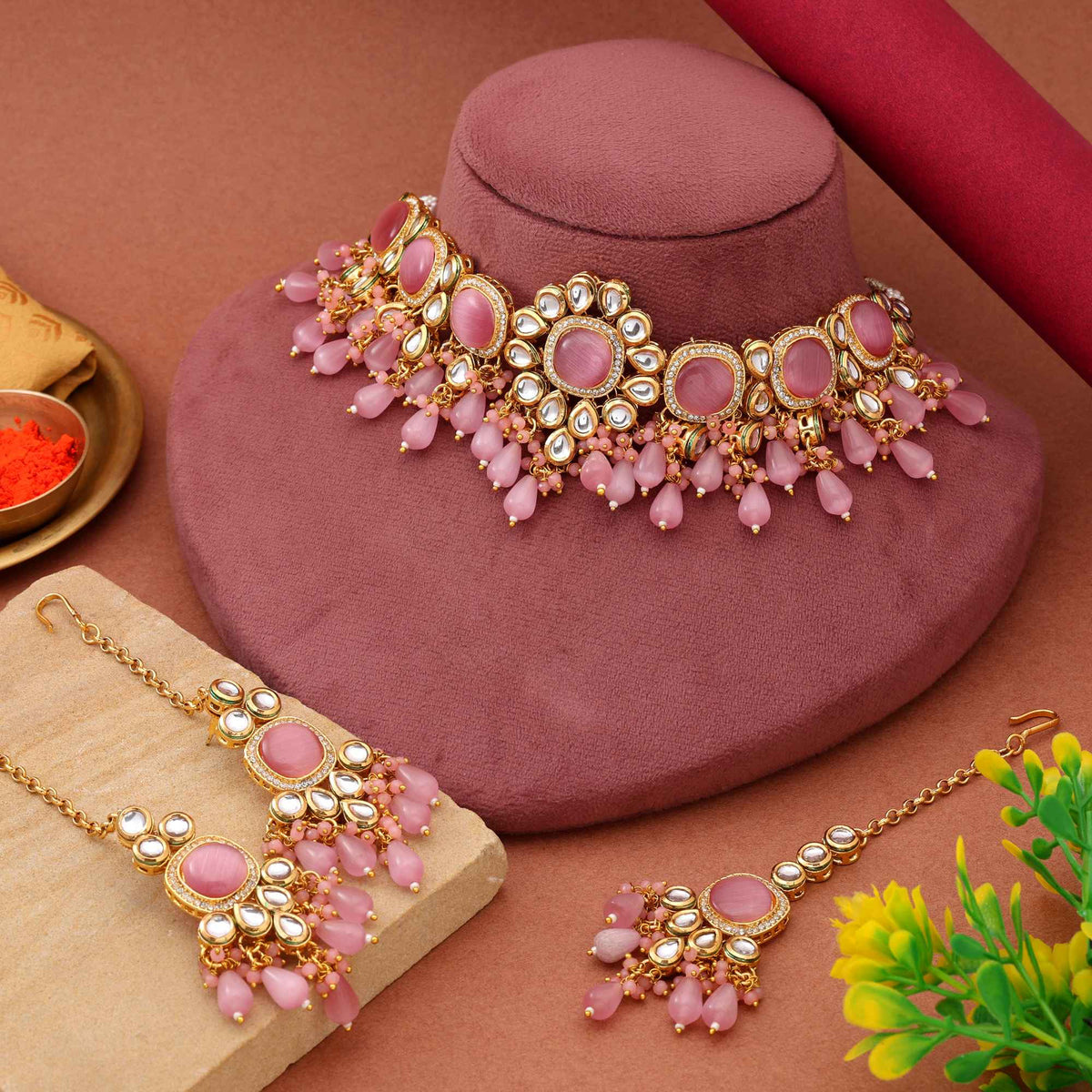 Pink Kundan Choker Necklace Set with Earrings & Maang Tikka