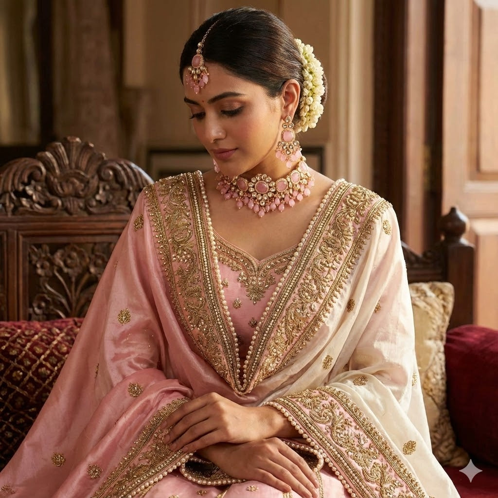 Pink Kundan Choker Necklace Set with Earrings & Maang Tikka