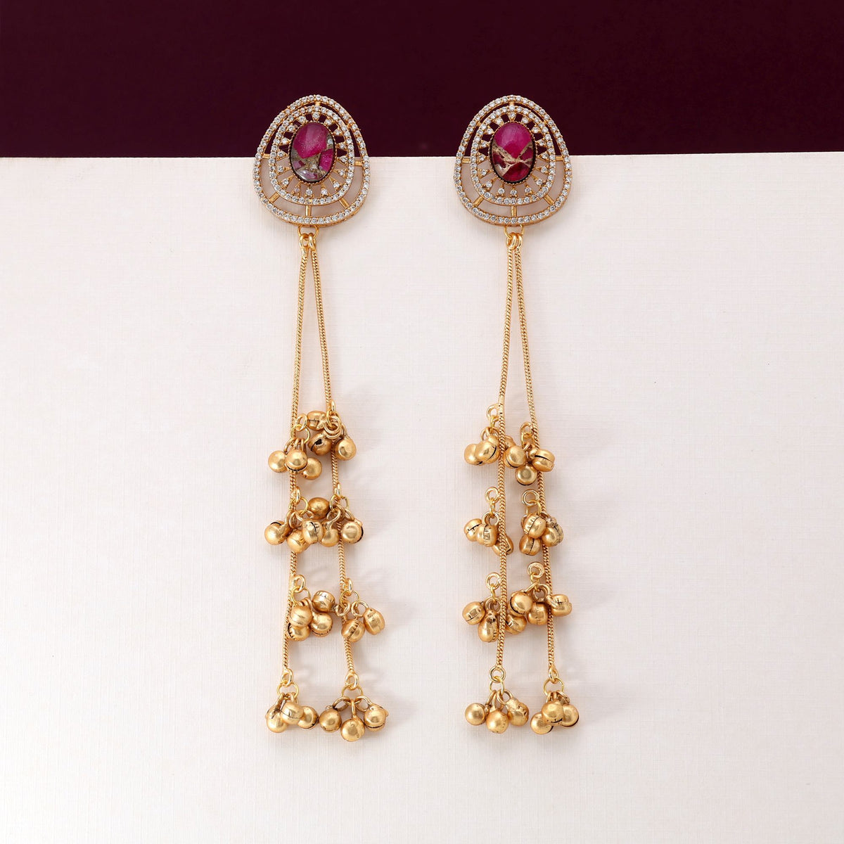 Pink Kundan Long Earrings with Gold Drops