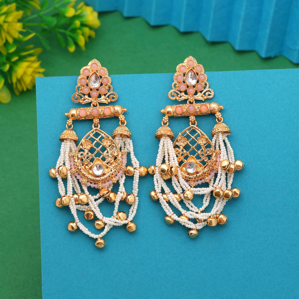 Pink Kundan Long Earrings with Pearl Layers