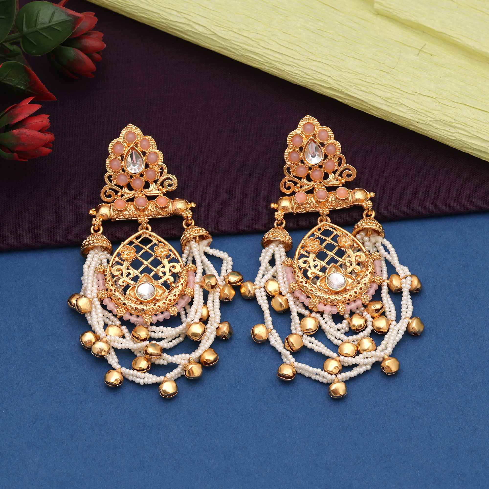 Pink Color Designer Traditional Long Kashmiri Earrings For Womenâ€™S Festive Attire