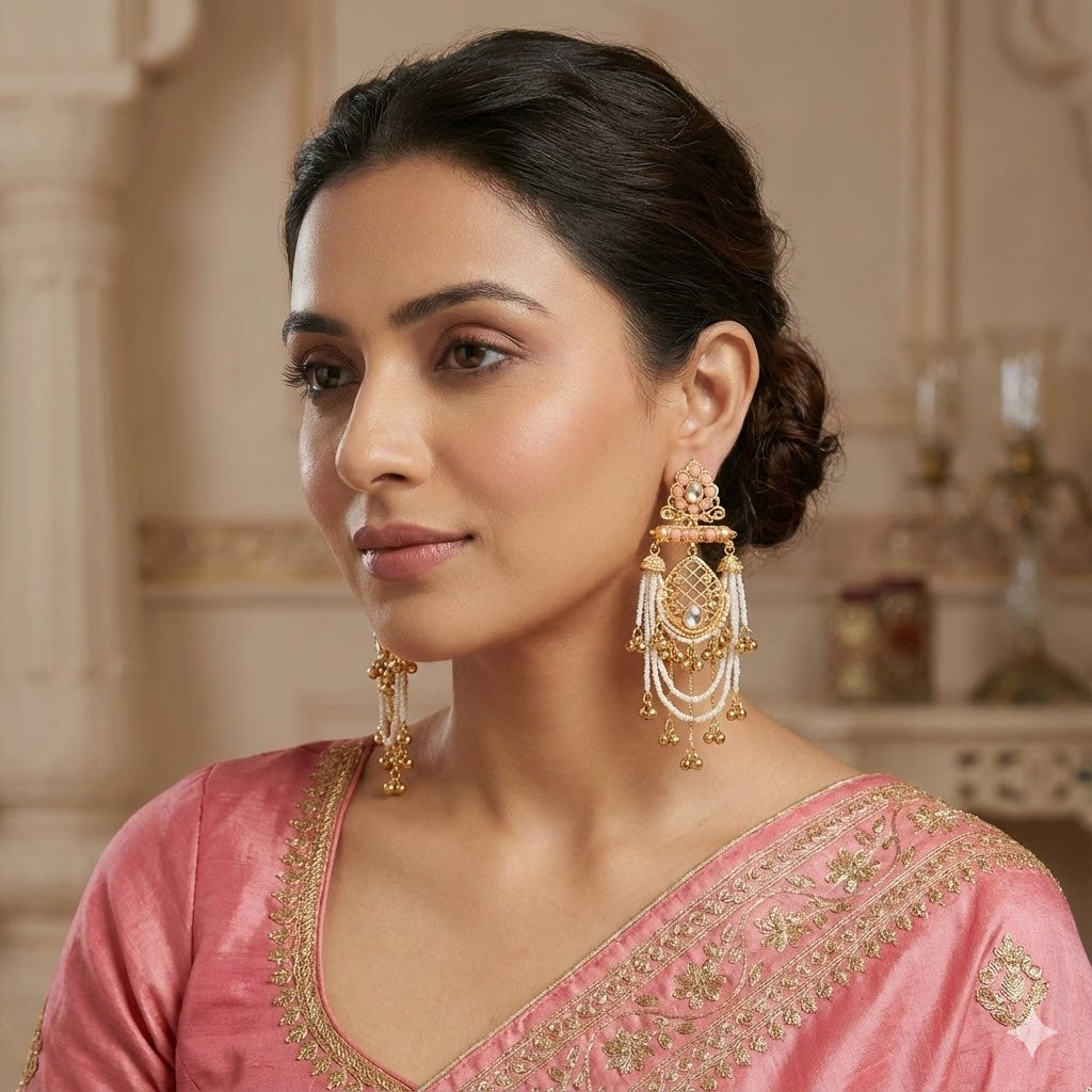 Pink Kundan Long Earrings with Pearl Layers