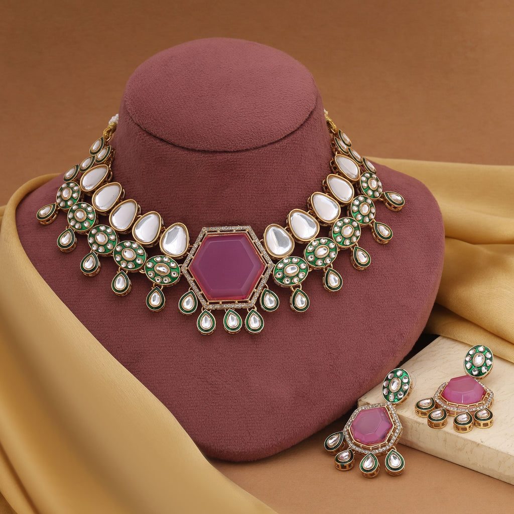 Pink Kundan Necklace Set with Earrings