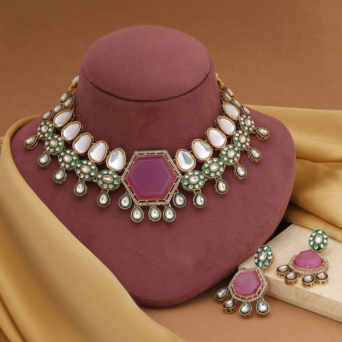 Pink Kundan Necklace Set with Earrings