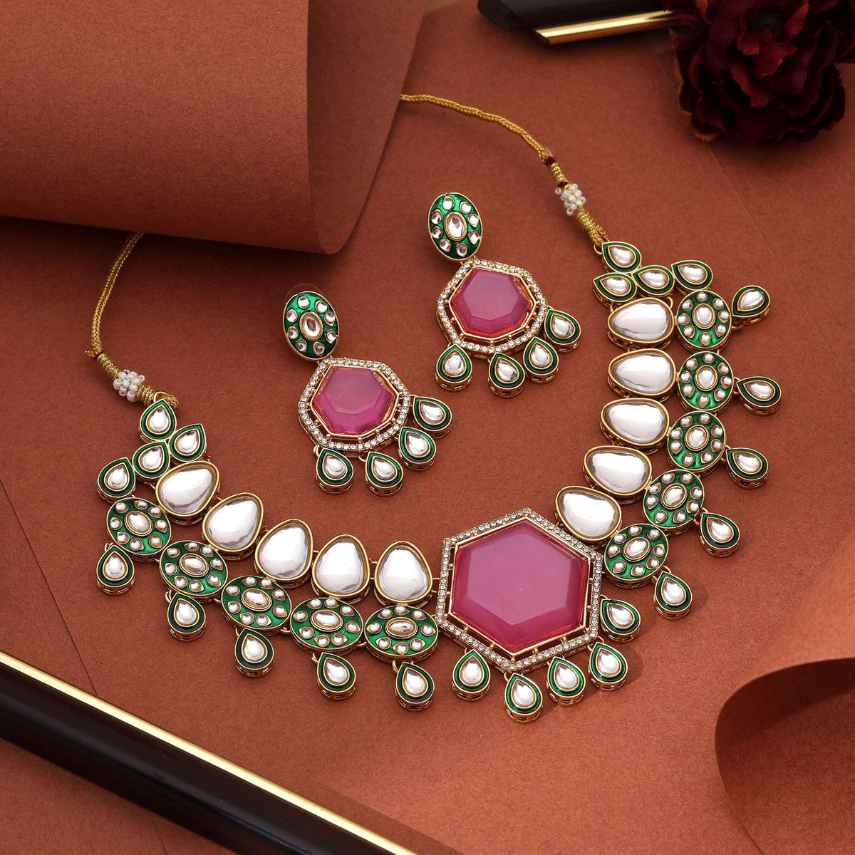 Pink Kundan Necklace Set with Earrings