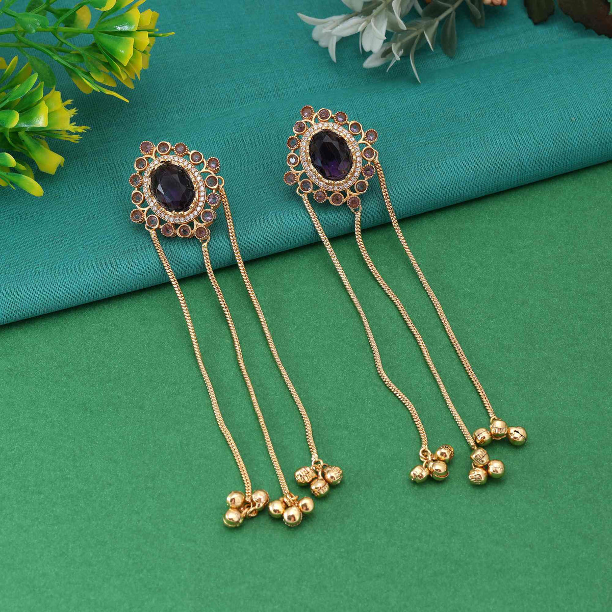 Plum Glow Long Earrings in Gold Finish