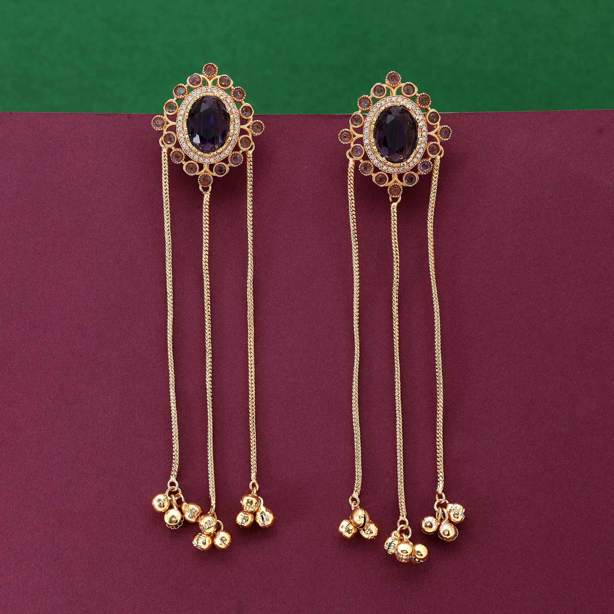 Plum Glow Long Earrings in Gold Finish