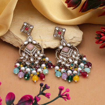 Vibrant Multi Color Kundan Earrings With Sparkle Finish For Cultural Celebrations