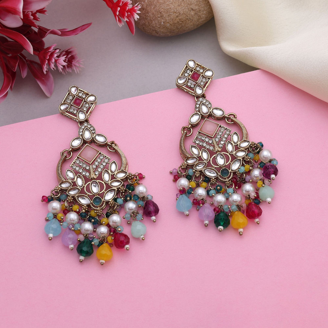 Vibrant Multi Color Kundan Earrings With Sparkle Finish For Cultural Celebrations