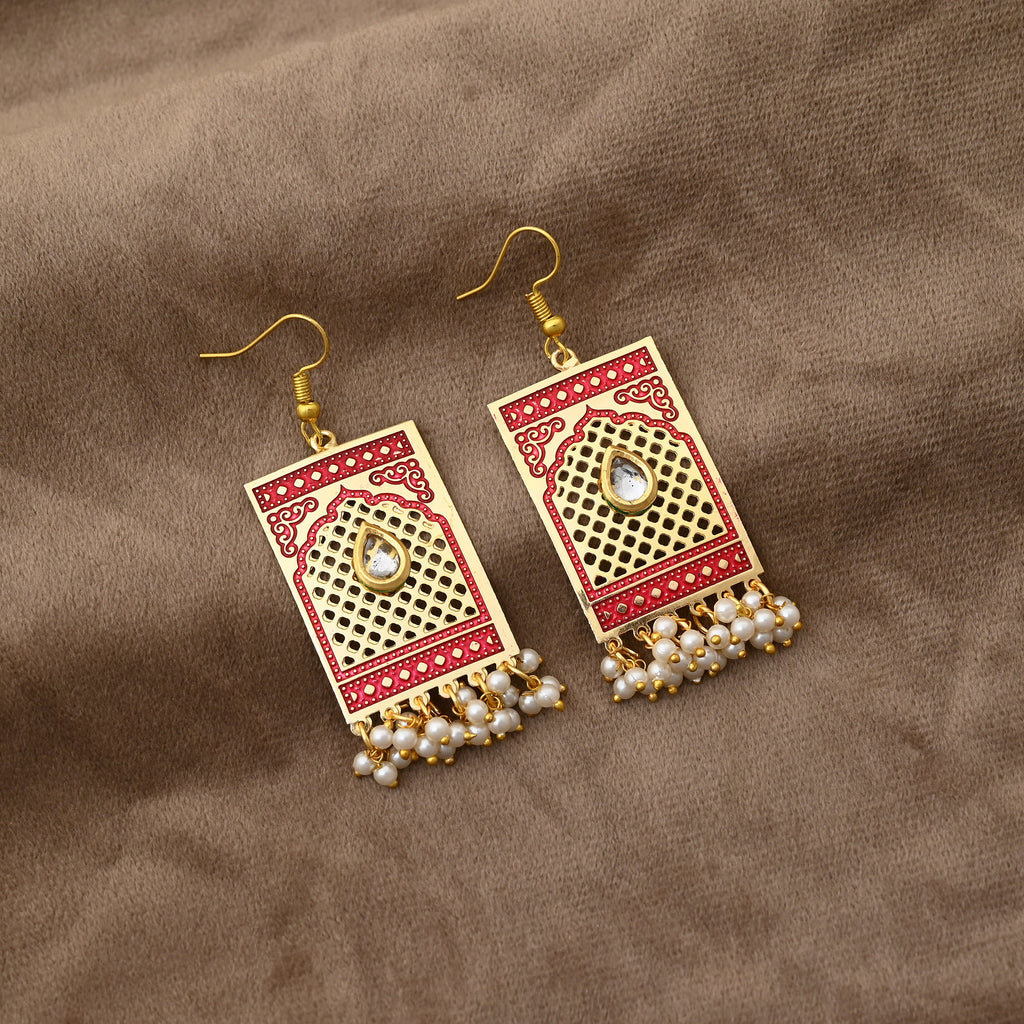 Rajasthani Inspired Red Enamel Pearl Earrings