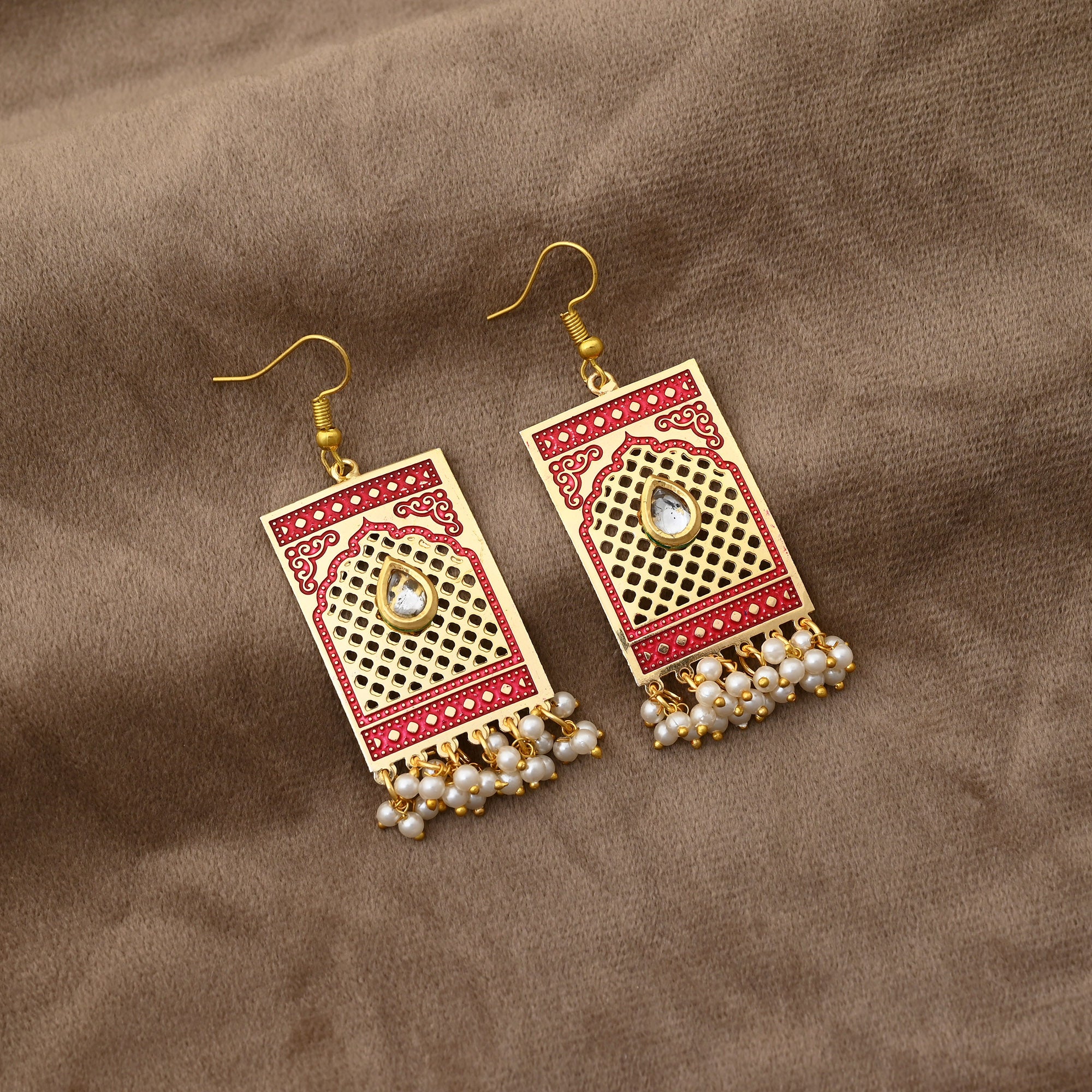 Royal Red Color Meenakari Earrings Crafted For Weddings And Indian Cultural Events