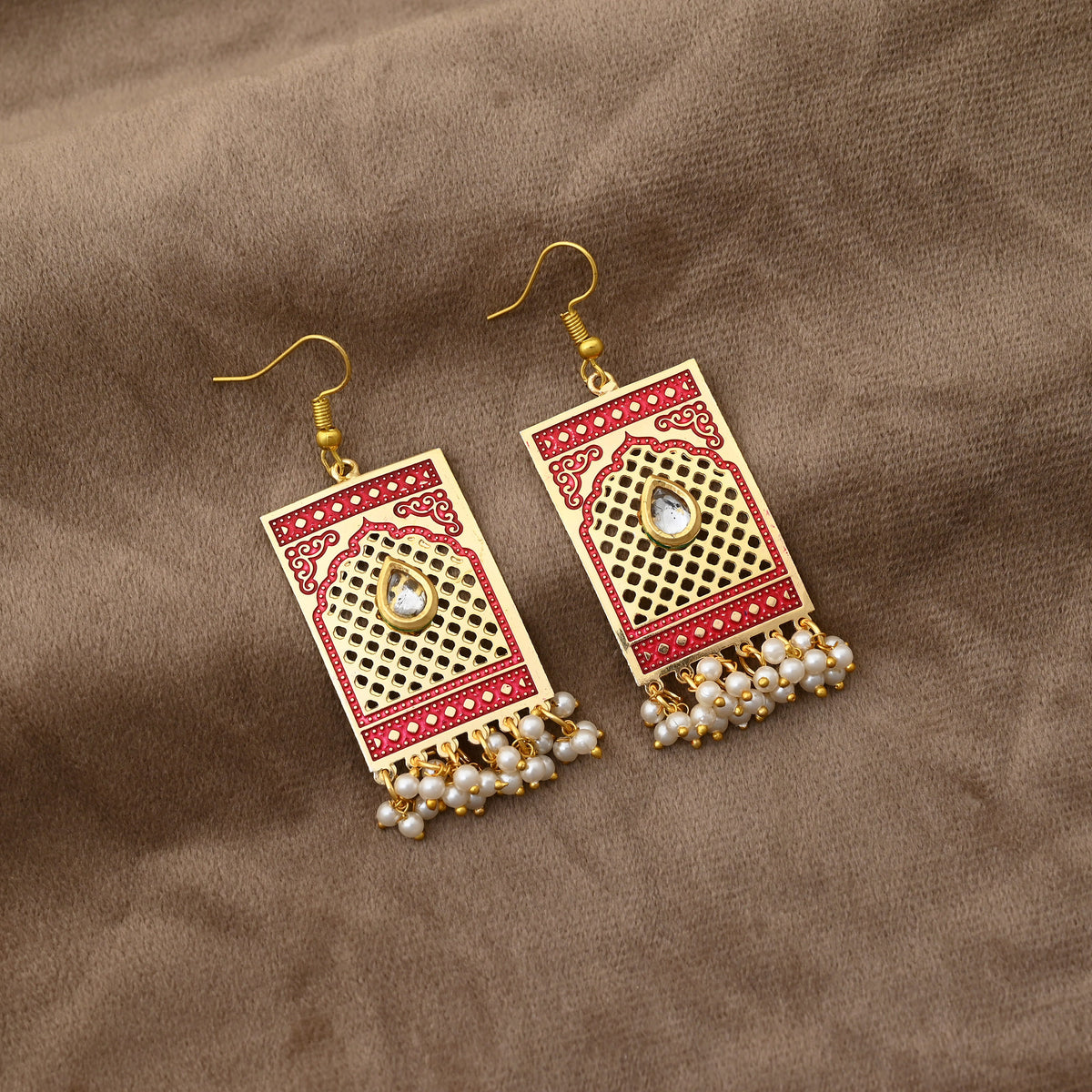 Rajasthani Inspired Red Enamel Pearl Earrings
