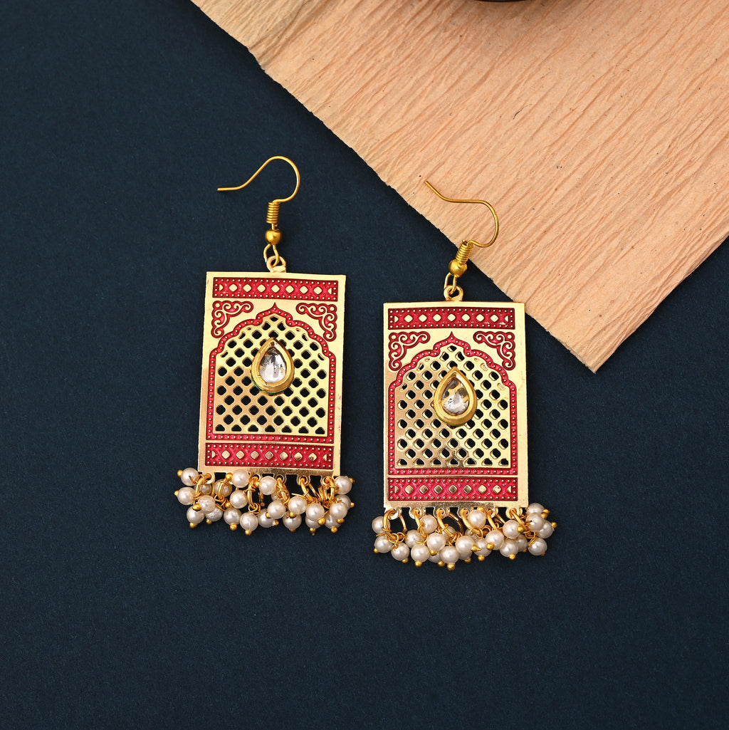 Rajasthani Inspired Red Enamel Pearl Earrings