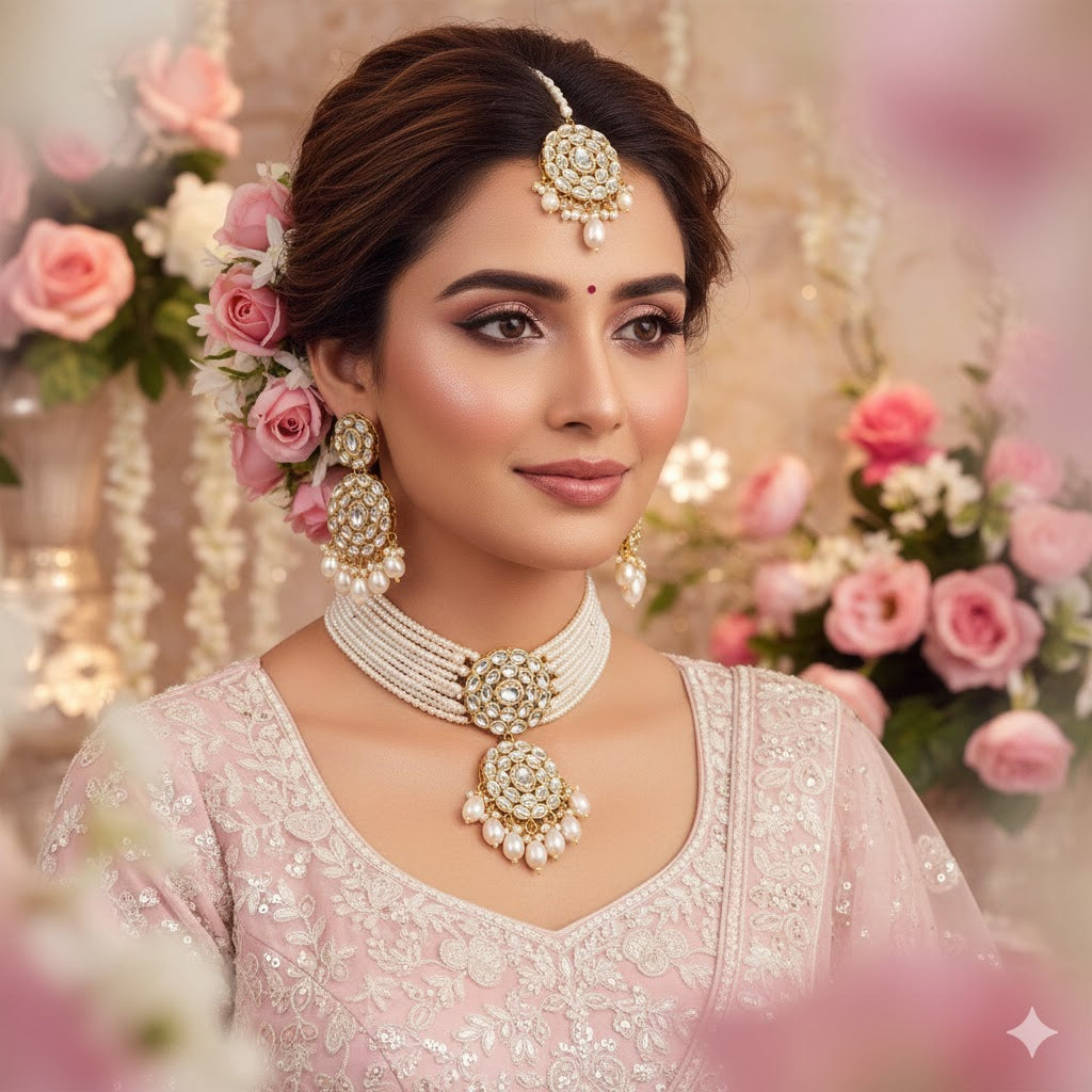 Bright White Color Choker Kundan Necklace Set For Bridal Glamour