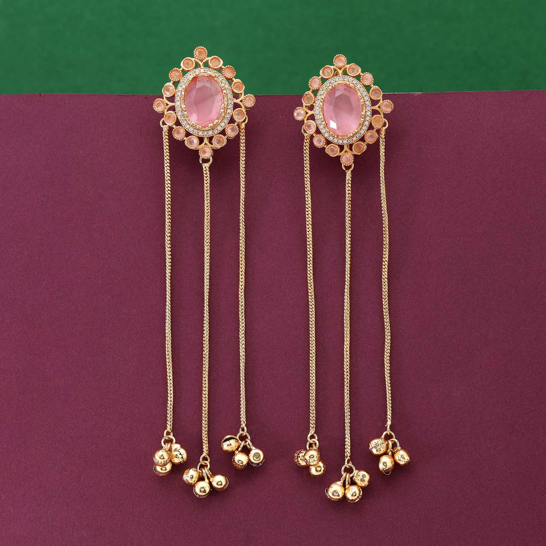 Pink Color Graceful Traditional Long Kashmiri Earrings For Wedding And Party Looks