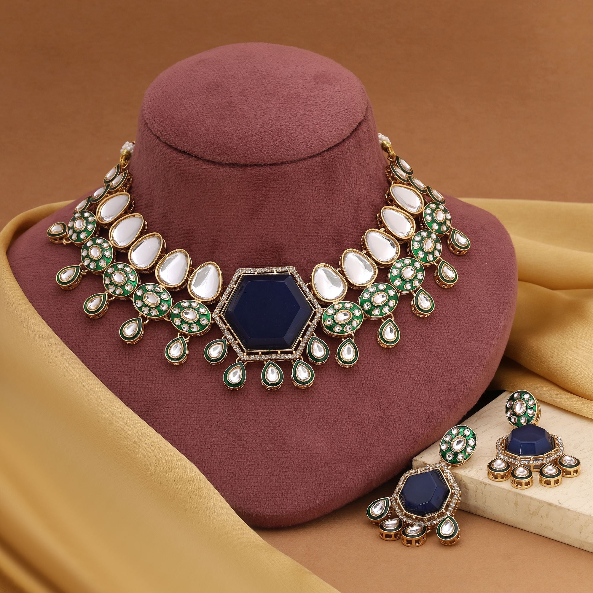 Stunning Blue Color Kundan Necklace Set With Matching Earrings For Party And Bridal Looks