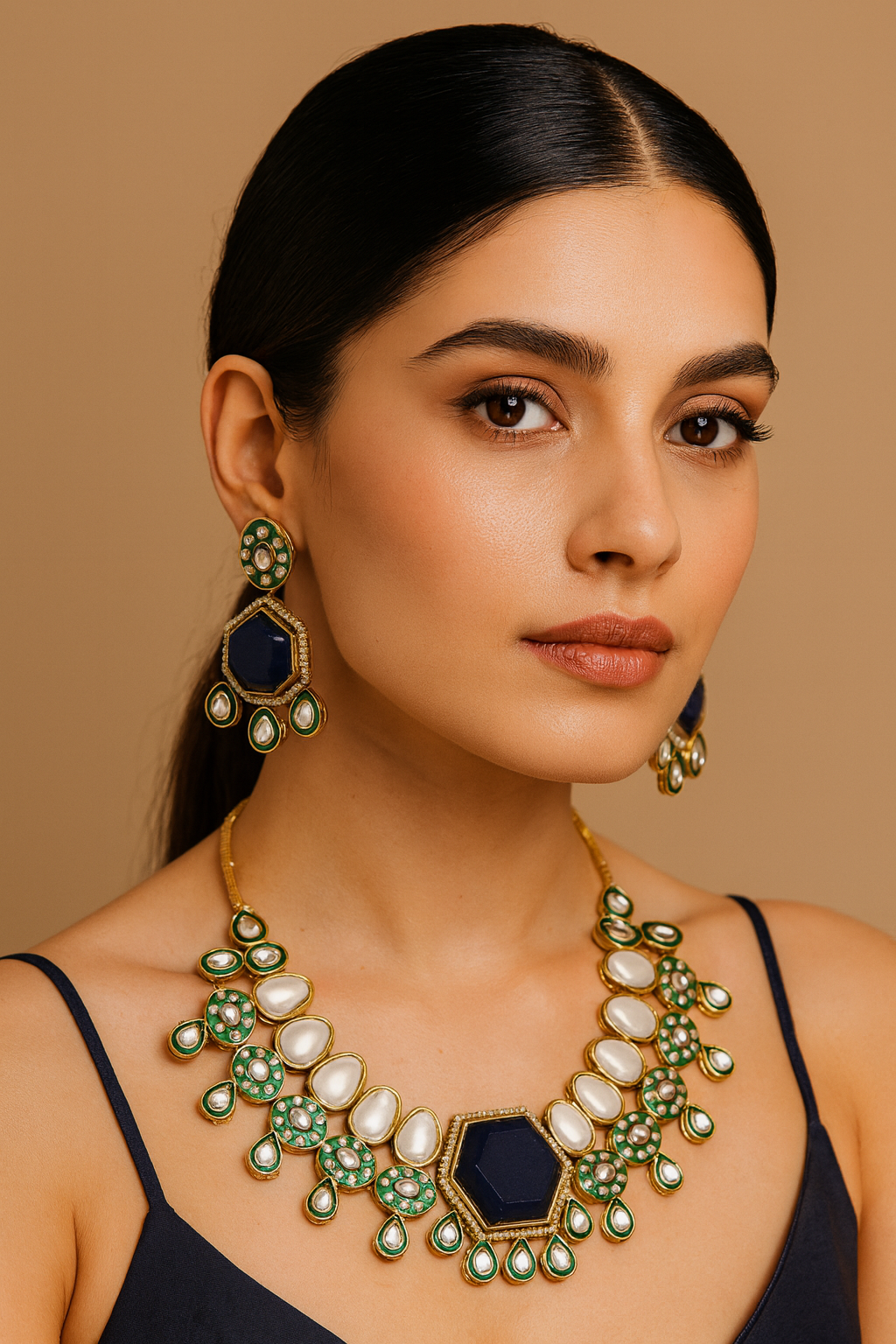 Stunning Blue Color Kundan Necklace Set With Matching Earrings For Party And Bridal Looks