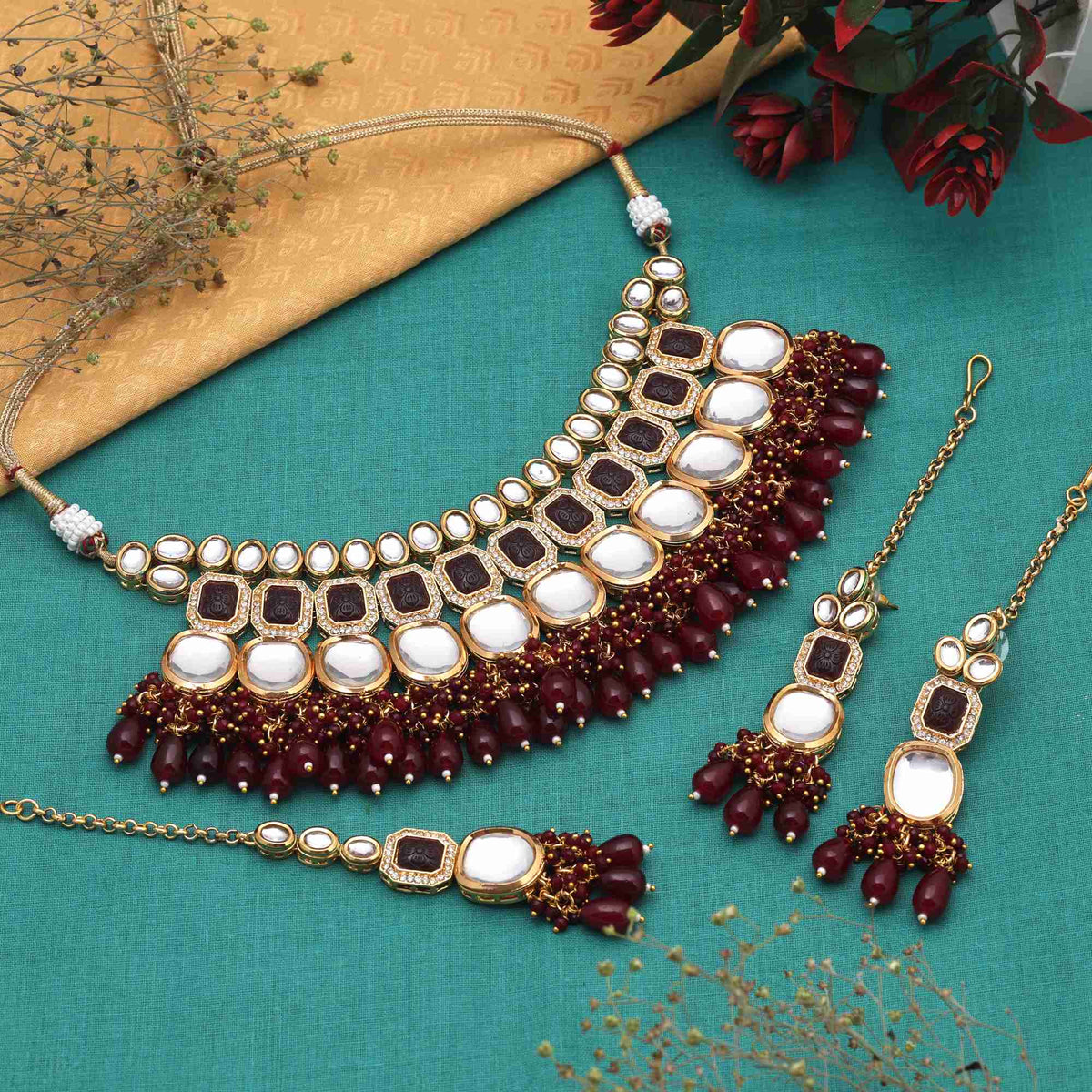 Royal Maroon Kundan Choker Set with Pearl & Bead Detailing