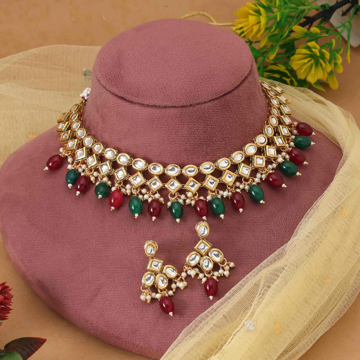 Royal Red Green Kundan Necklace Set for Wedding & Festive Wear