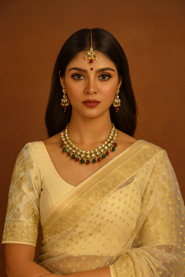 Maroon & Green Color Bridal Heavy Work Ethnic Kundan Necklace Set For Elegant Attire