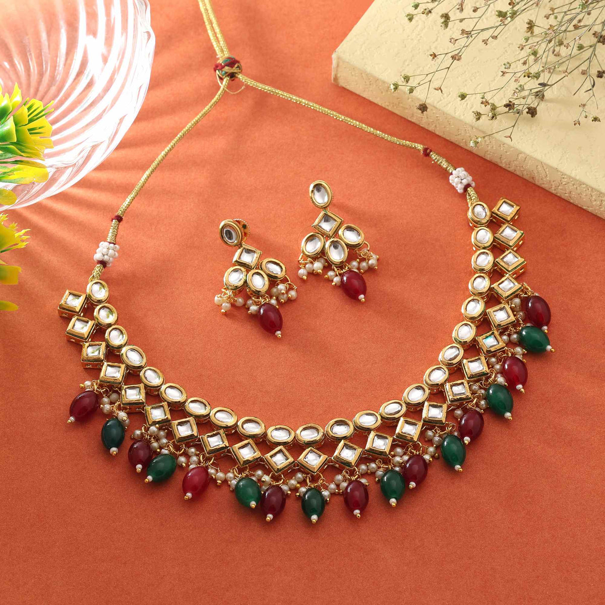 Royal Red Green Kundan Necklace Set for Wedding & Festive Wear