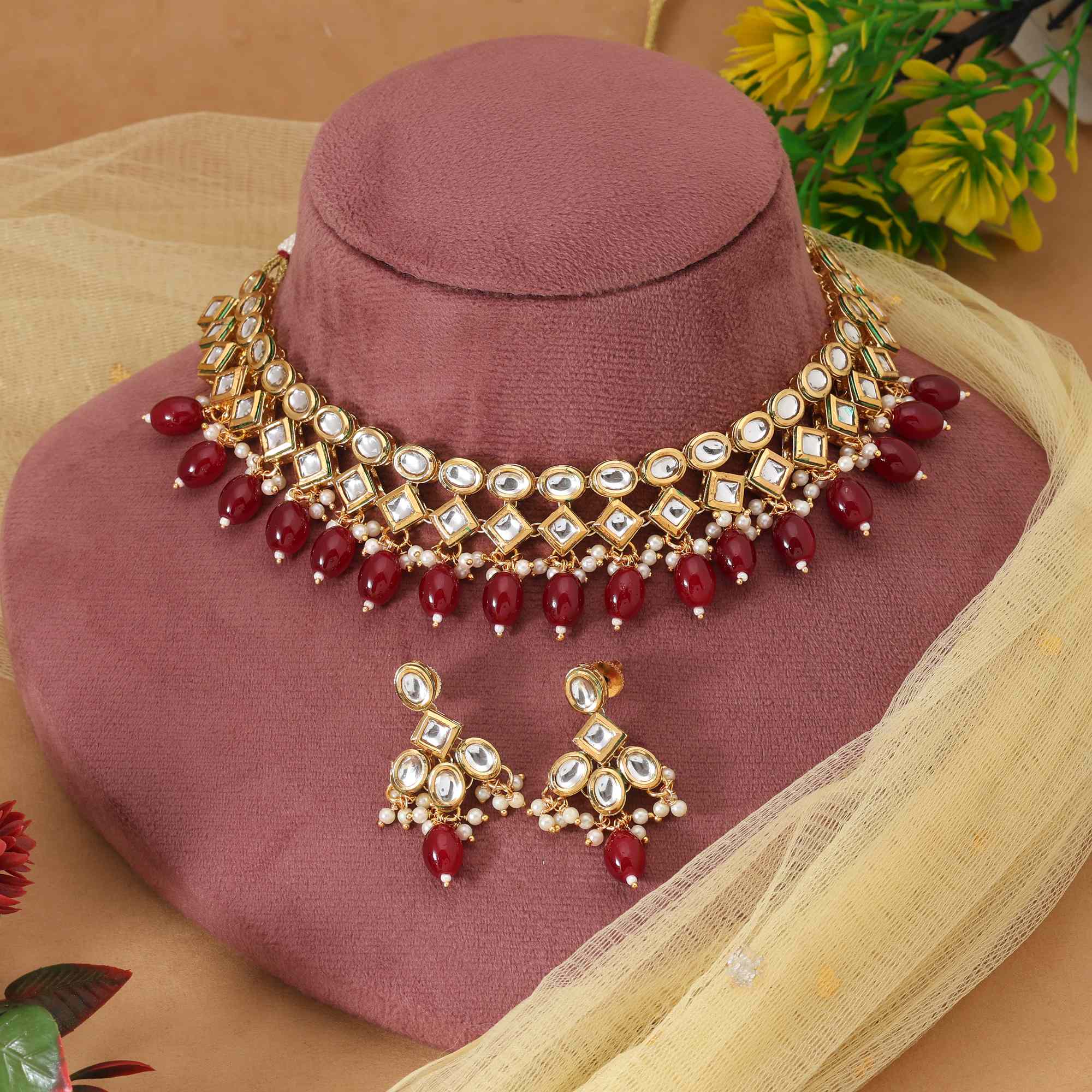 Maroon Color Antique Finish Designer Gold Tone Kundan Necklace Set For Traditional Occasions