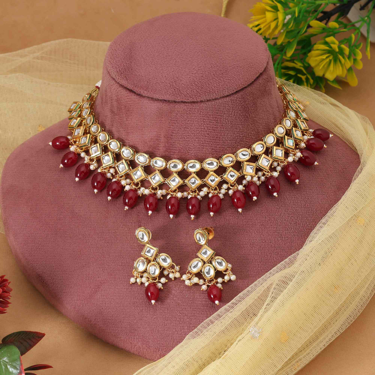 Ruby Maroon Kundan Necklace Set for Weddings & Festive Wear