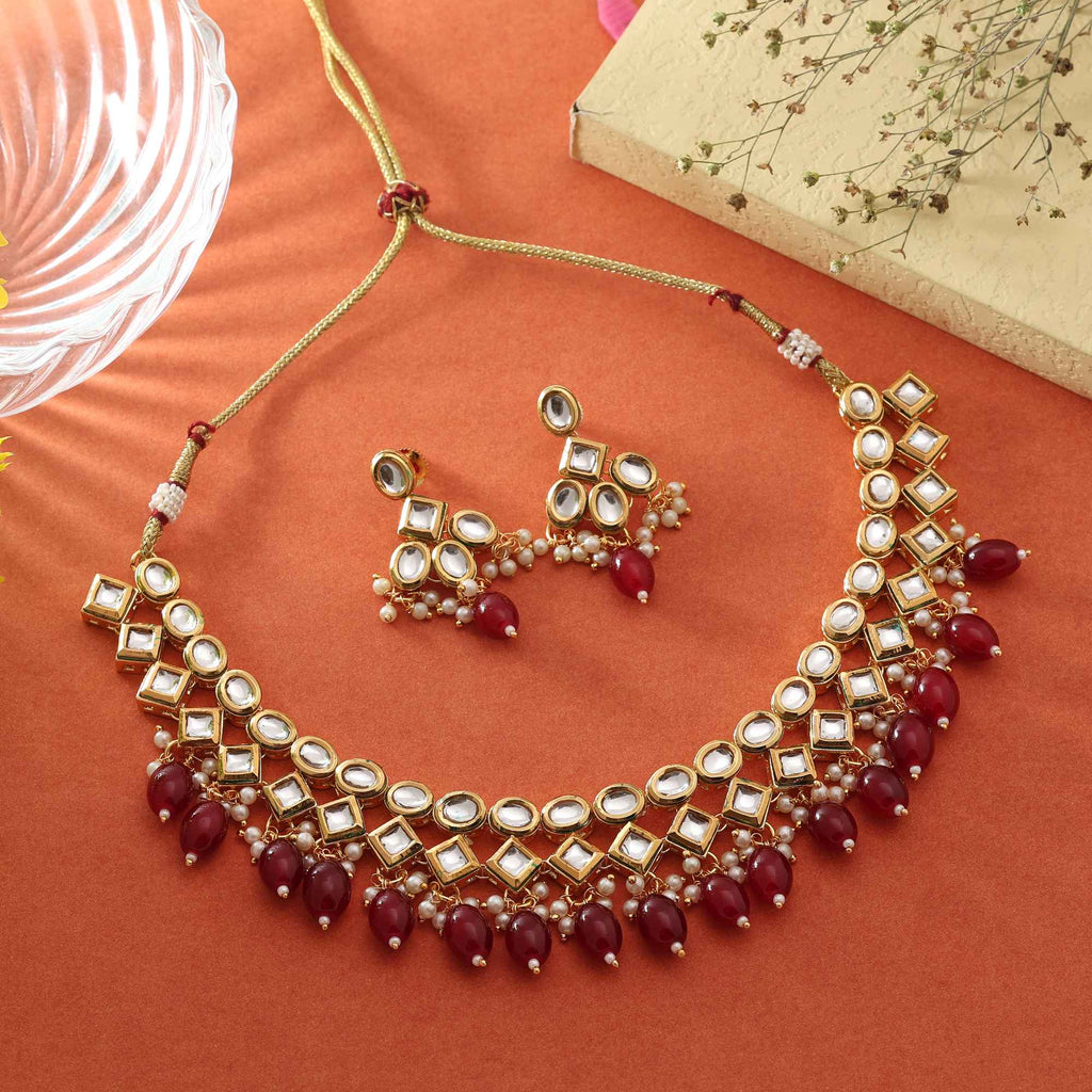 Ruby Maroon Kundan Necklace Set for Weddings & Festive Wear