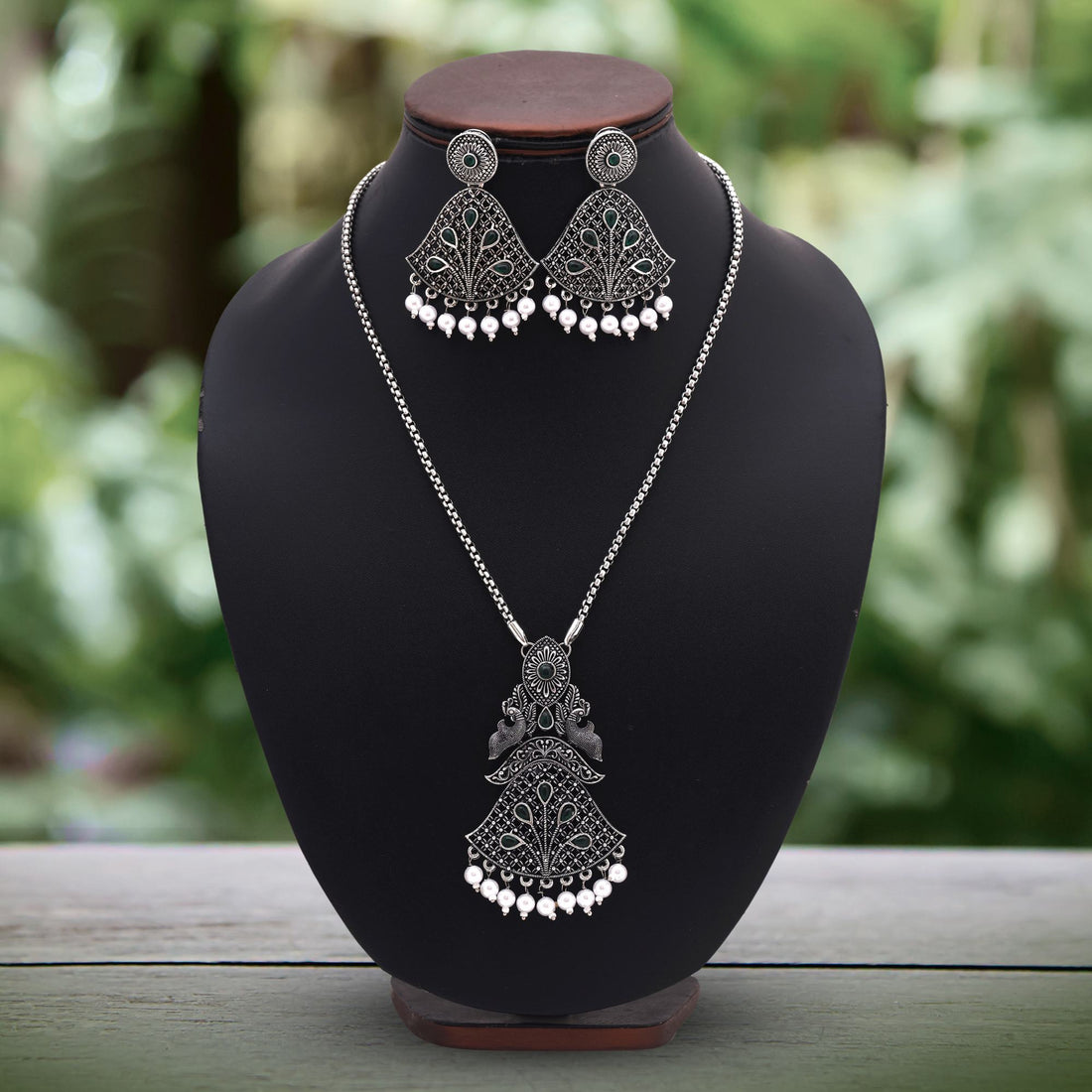 Gorgeous Green Color Oxidised Necklace Set With Antique Silver Plating
